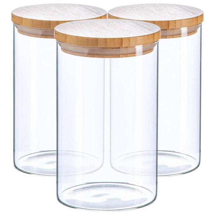 Argon Tableware Glass Storage Jar - Wooden Lid - 1l - Modern Round Scandi Organisation Container Glass Jar - Set Of 3