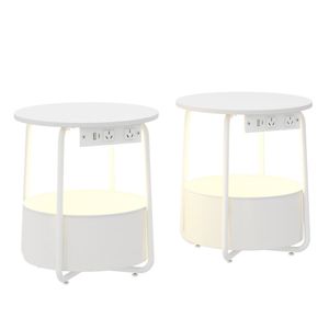 Ufurniture 2PCS Round Side Table with Charging Station and Storage Basket Sofa End Table White