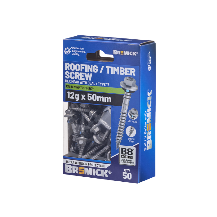 Bremick Hex Roofing Screw 12g x 50mm B8 PK50