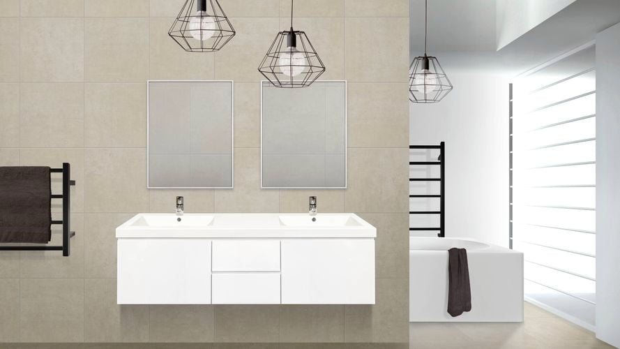 Forme branded basin in white look in bathroom with large bathroom behind