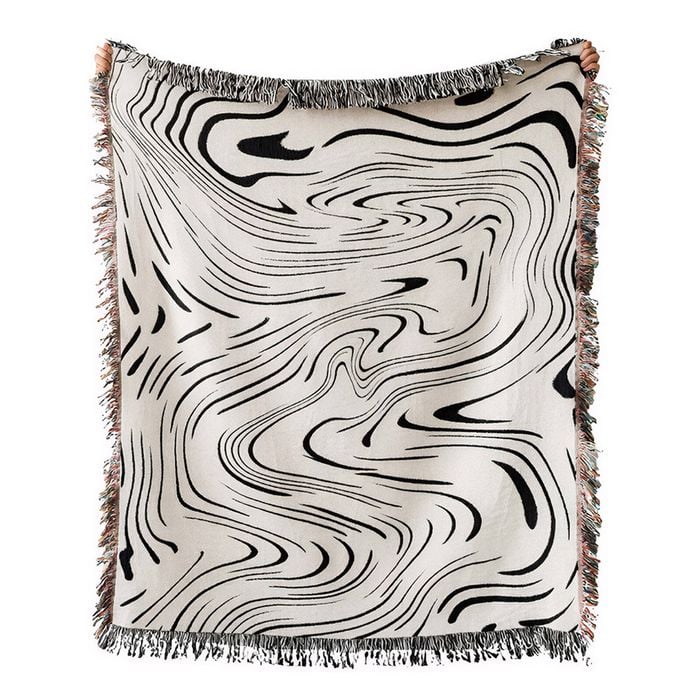 Anycozy Black Throw Blanket 130x160cm – Soft Faux Cashmere with Water Waves Pattern & Tassel
