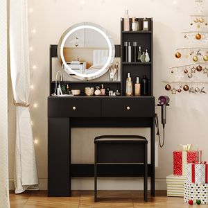 Advwin Dressing Table Stool Set with Round Mirror and Lights Charging Station Black