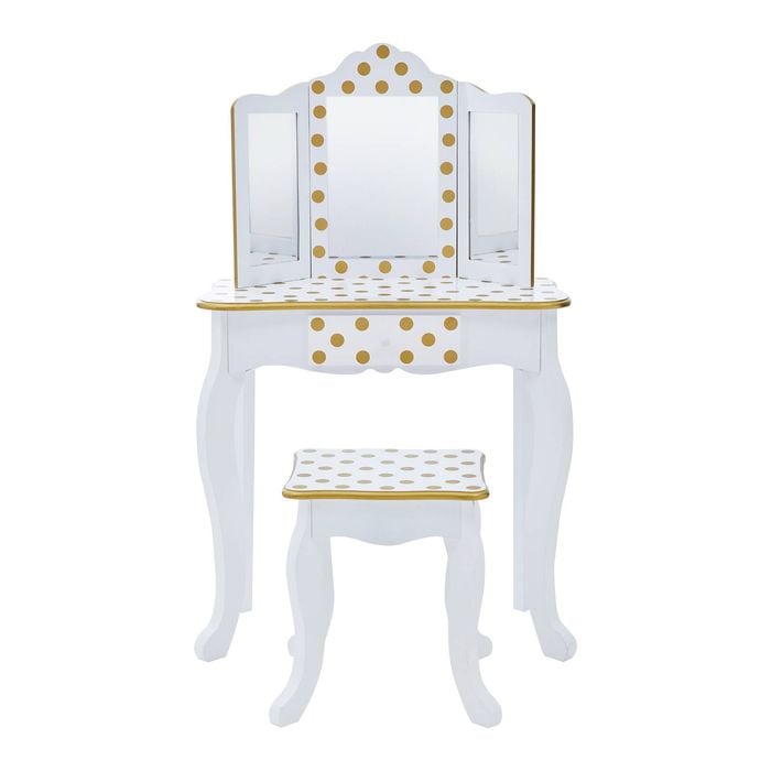 Teamson Kids - Fashion Polka Dot Prints Gisele Play Vanity Set - White / Gold