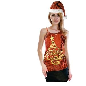 Womens Merry Christmas Tree Sequin Singlet Camisole Cami Costume Xmas Party - Red | One Size | Sequin Singlet