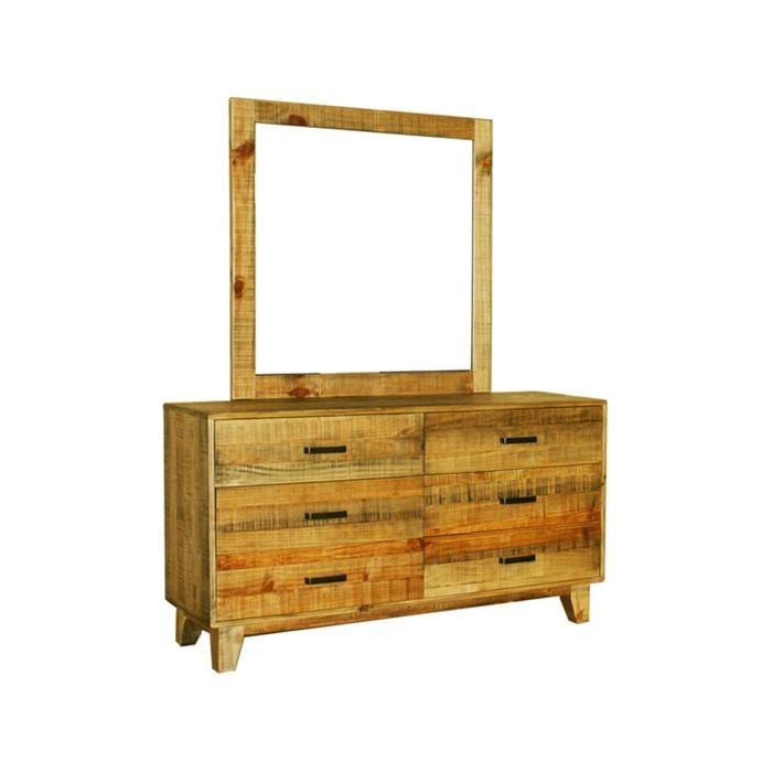 Dresser with 6 Storage Drawers in Solid Acacia With Mirror in Vintage Light Brown Colour
