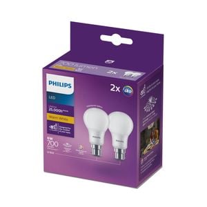 Philips A60 B22 LED 700lm Warm White 6W Globe - 2 Pack
