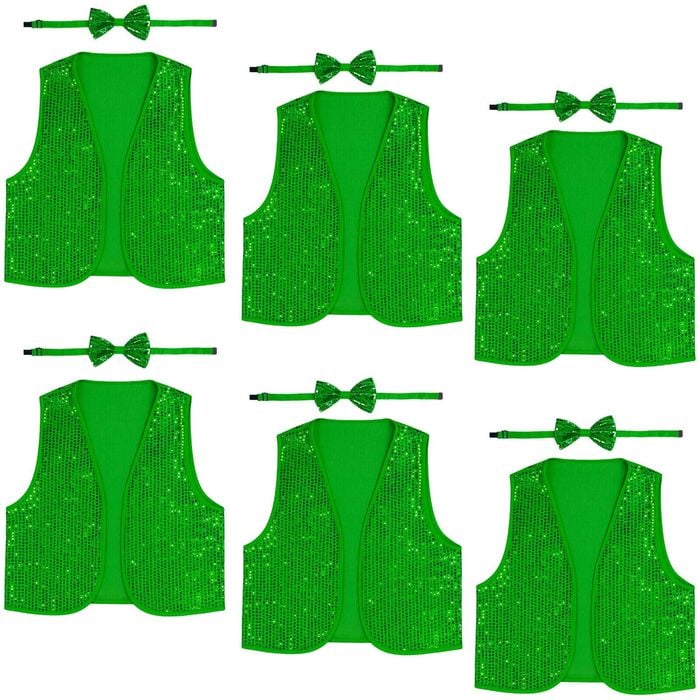 6x Adult Unisex SEQUIN BOW TIE & VEST Dance Costume Party Sparkle Set in Green