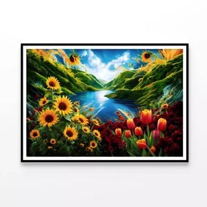 Flowers under a Sky with Clouds  Print 100% Australian Made 120x90cm  (Poster)