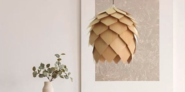 Timber pendant light, painting and vase.