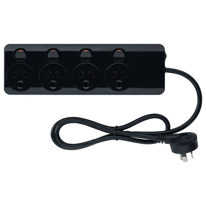 Arlec Black 4 Outlet Black Individually Switched Powerboard With Safety Overload Warning Alarm