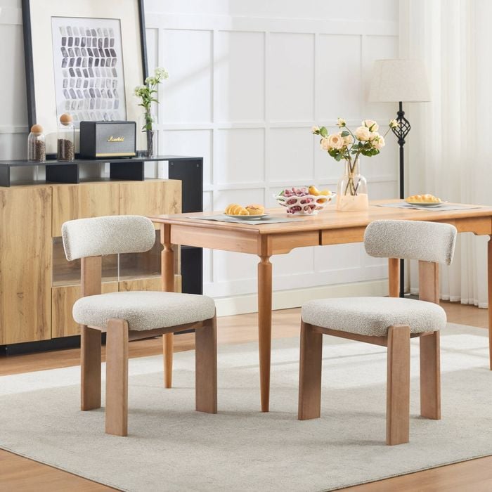 HOMFURN Upholstered 3 Legs Dining Chairs Set of 2, Wood Farmhouse Kitchen Chairs, Mid-Century Modern Armless Accent Chairs,Beige