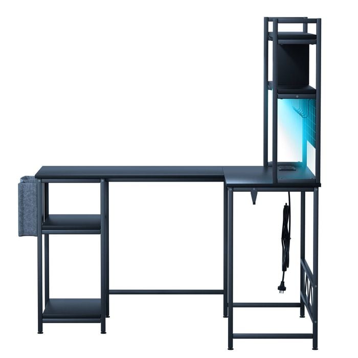 Levede L-Shape Computer Desk w/ Shelves LED and Storage Bag Black