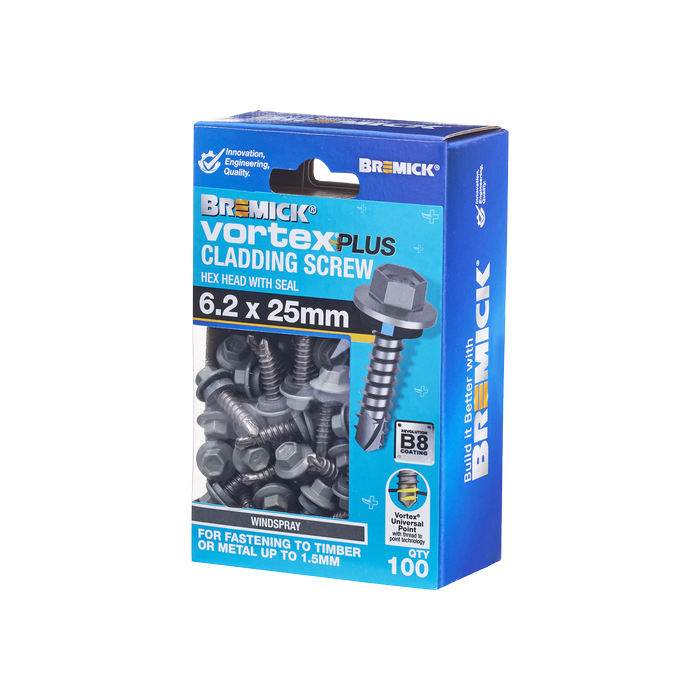 Bremick Vortex Plus Cladding Screw 6.2 x 25mm HEX B8 WS BOX 100