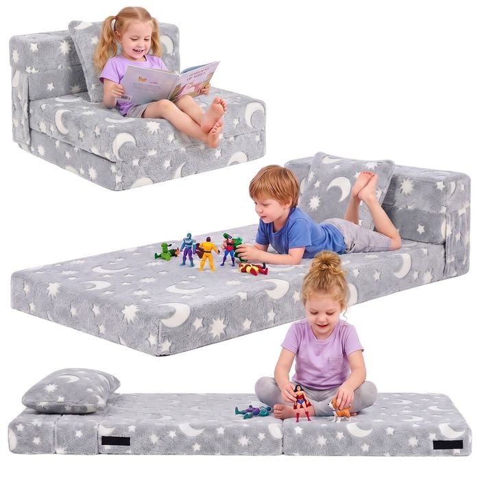 Advwin 3-in-1 Toddler Folding Sofa Bed with Pillow Sofa Lounger with Safety Rail Grey