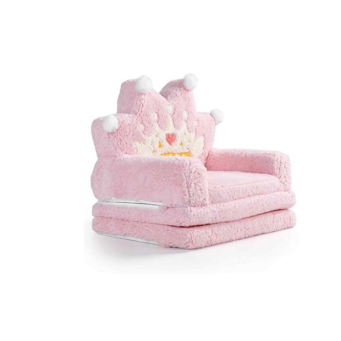 Costway 2-in-1 Foldable kids Sofa Bed Convertible Lounger Children Couch Crown Printed Designs-Pink