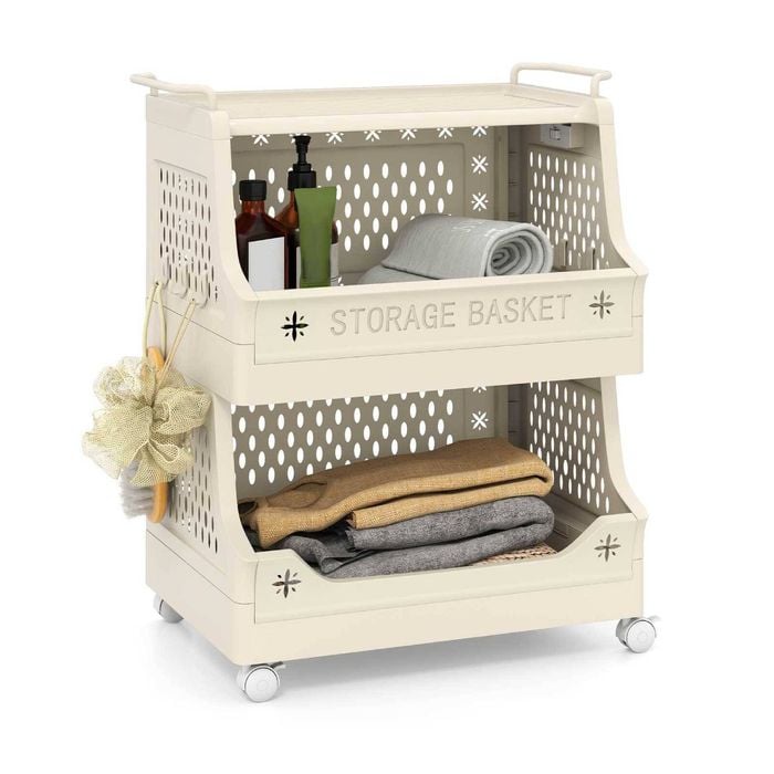 Costway 3-tier Rolling Laundry Basket Stackable Storage Cart W/hooks