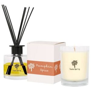 Nicola Spring Soy Wax Scented Candle & Reed Diffuser Set - Pumpkin Spice 160g Candle 28 Hour Burn & 200ml Diffuser 60 Day Scent