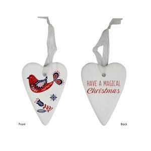 LVD Ceramic Gift Heart Folk Home Xmas Hanging Ornament Decor 6x8cm White