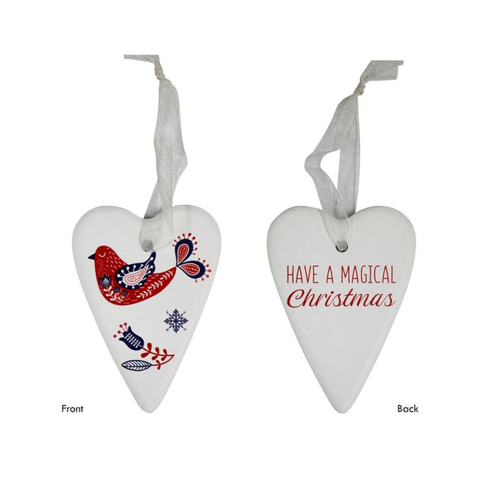 LVD Ceramic Gift Heart Folk Home Xmas Hanging Ornament Decor 6x8cm White
