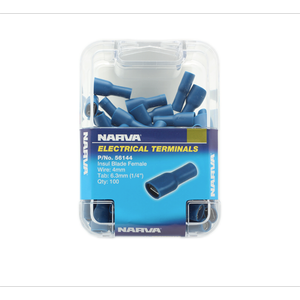 Narva 4mm / 6.3 x 0.8mm Blue Double Crimped Female Fully Insulated Blade Terminal - 100 Pack