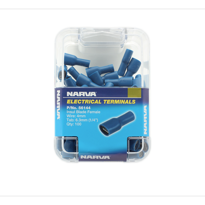 Narva 4mm / 6.3 x 0.8mm Blue Double Crimped Female Fully Insulated Blade Terminal - 100 Pack