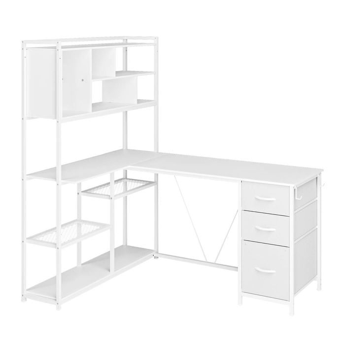 Advwin L Shaped Gaming Desk with LED Lights Reversible 148cm Computer Desk with 3 Drawers and Bookshelf White