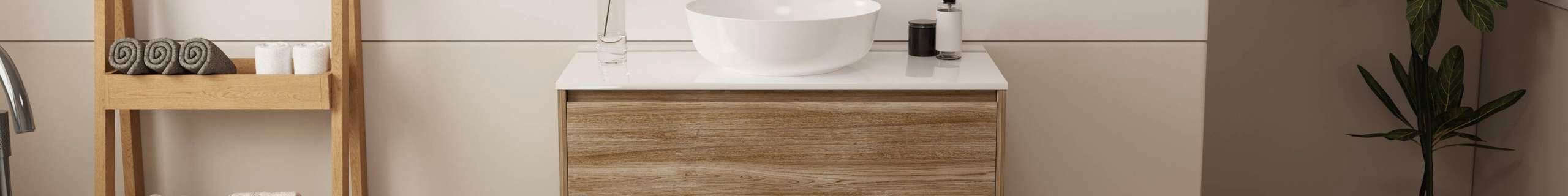 Forme branded basin in timber look in bathroom in shot