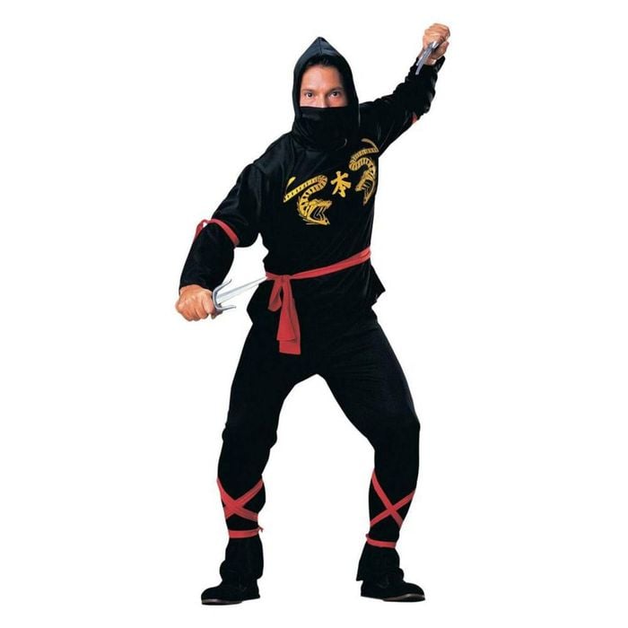 Ninja Halloween Costume Adult Black Warrior Outfit with Hood Mask Sash and Red Ties, Standard