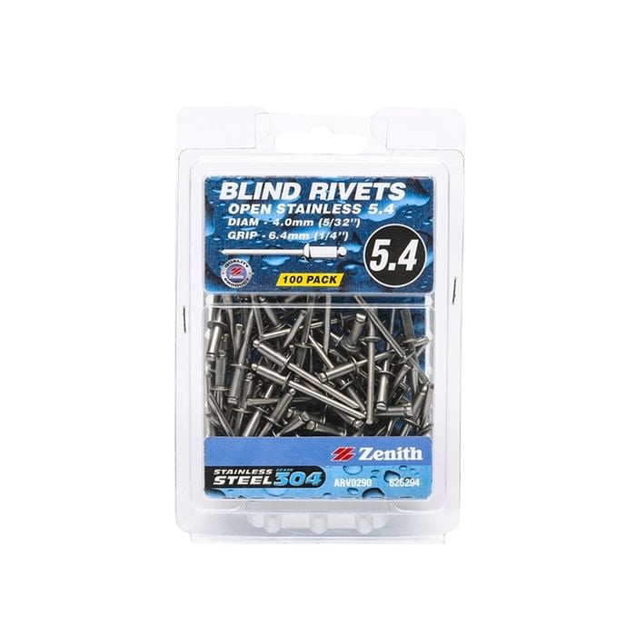 Zenith Blind Rivet Open 304SS 5/32"D x 1/4"G 100pk
