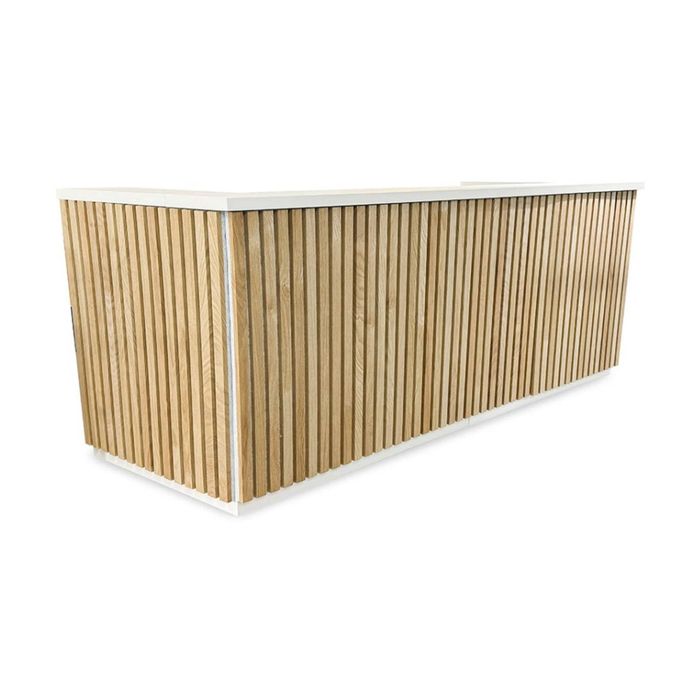 Modern Furniture KENTO 240cm Reception Desk - Timber Slat Acoustic White & Oak