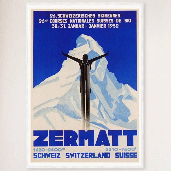 Galrie Vintage 1932 Zermatt Switzerland Ski Poster - Aerial Art for Ski Lovers, White Frame, A2 42 x 60cm (16 x 24inch)