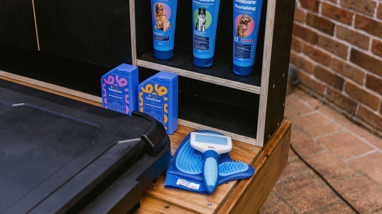 Close-up of dog grooming supplies in open wooden shelves, including dog shampoo bottles, soap bars, and a blue grooming brush.