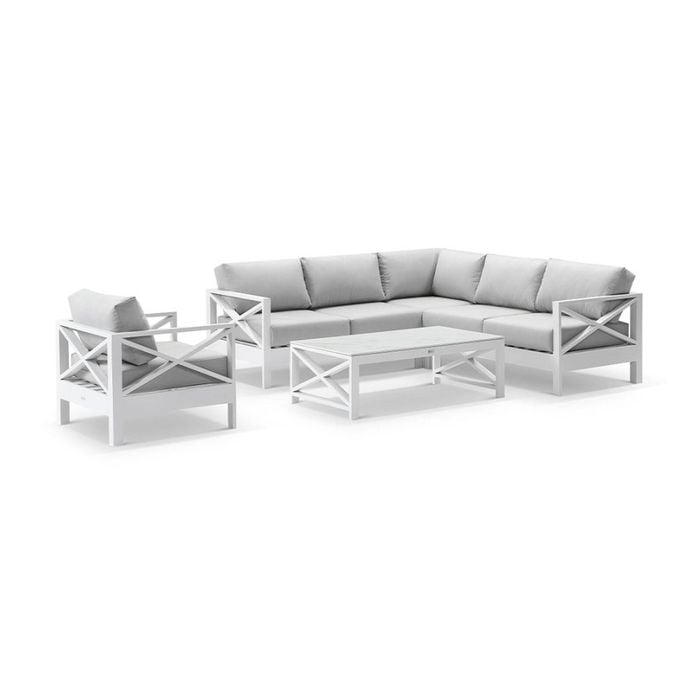 Kansas Corner Set Arm Chair/coffee Table White & Olefin Grey Cushions