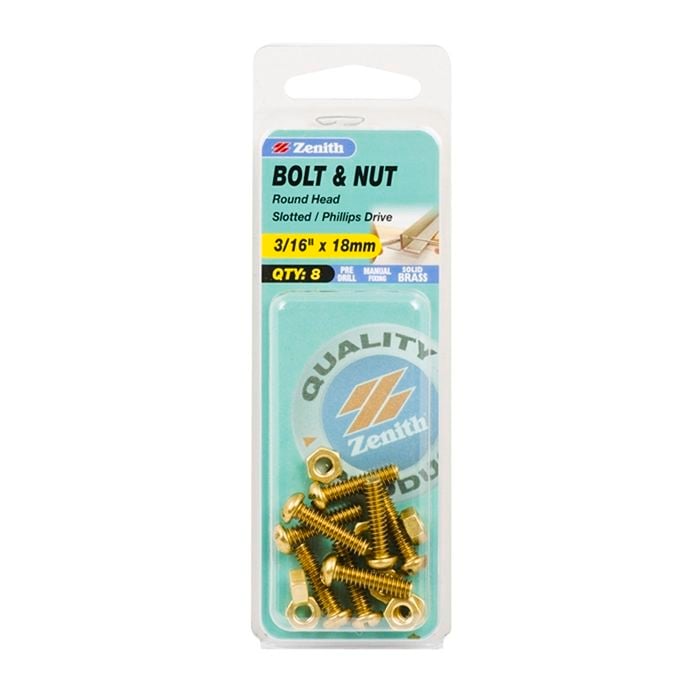Zenith 3/16" x 18mm Solid Brass Round Head Bolt And Nut - 8 Pack
