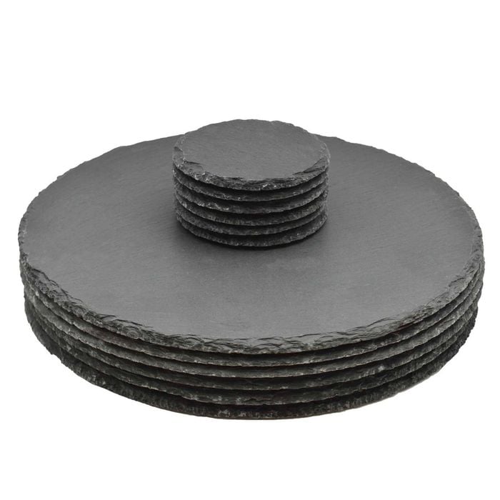 Argon Tableware Round Slate Placemats & Coasters - 12pc Kitchen Dining Table Mats Bar Drinks Coaster Protector Place Mats