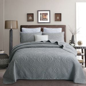 Quilted King/Super King Size Cotton Coverlet Bedspread Set Damask Steel Grey