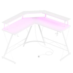 Advwin L Shaped Gaming Desk with LED Lights & Power Outlets White