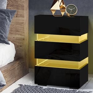 Artiss Bedside Table RGB LED 3 Drawers Gloss Black