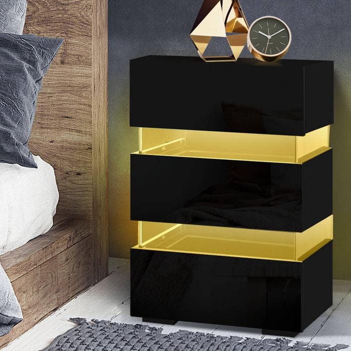Artiss Bedside Table RGB LED 3 Drawers Gloss Black