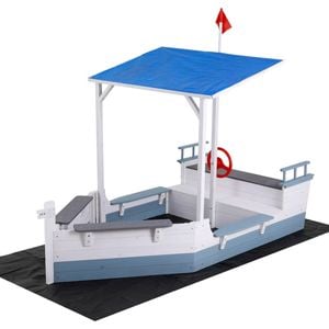 Keezi 210cm Wooden Boat Sandpit With Canopy & Flag - Blue
