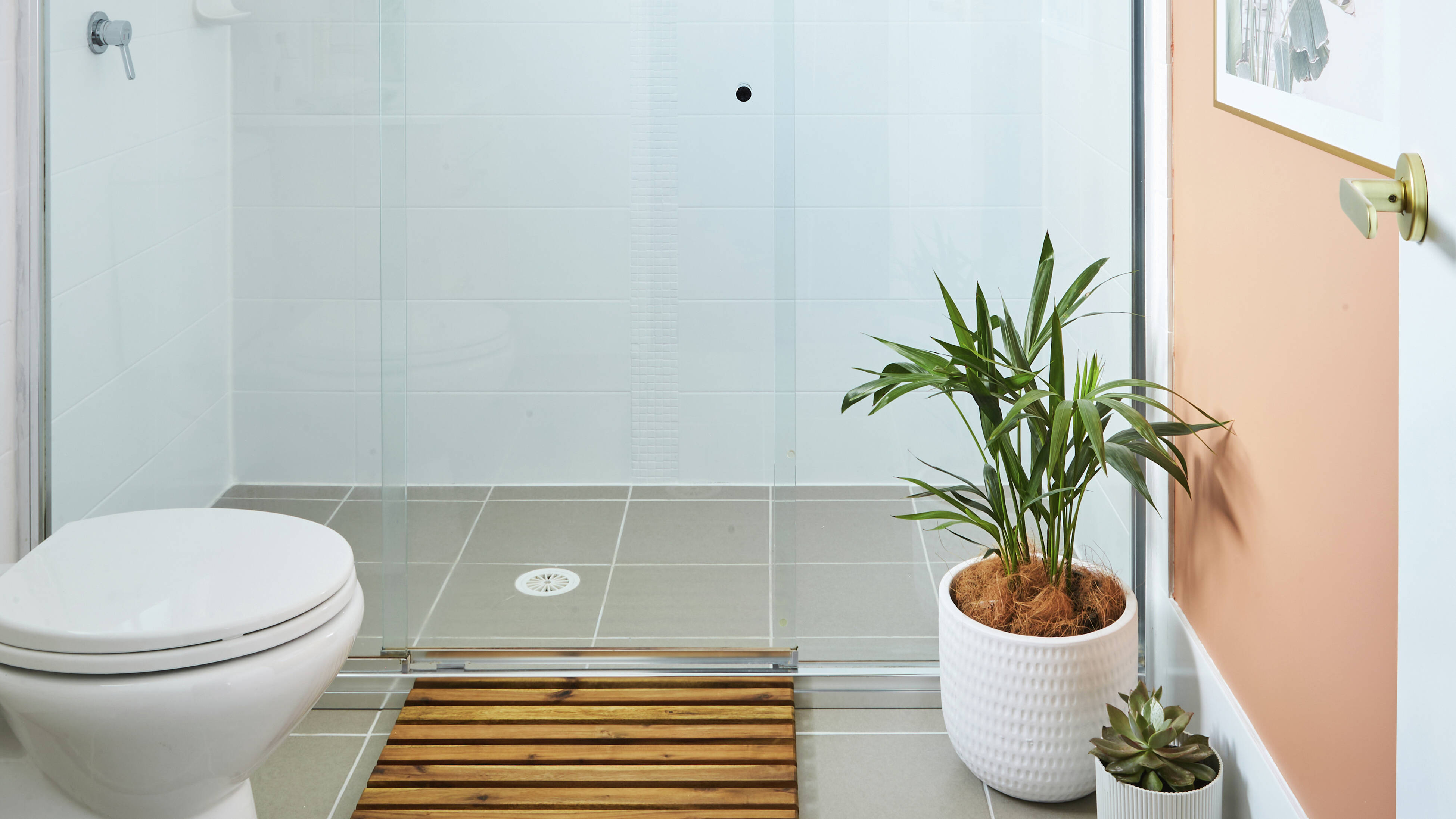 A clean and tidy bathroom with a glass-enclosed shower, toilet, wooden bath mat, potted plants.