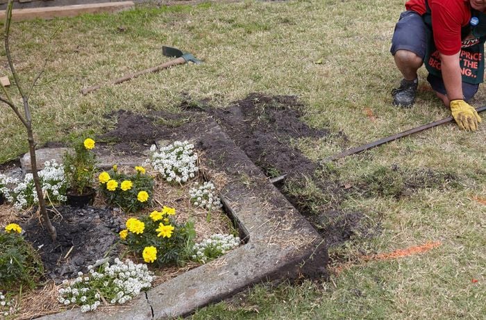 An old concrete garden bed being pried free from the ground with a pry bar