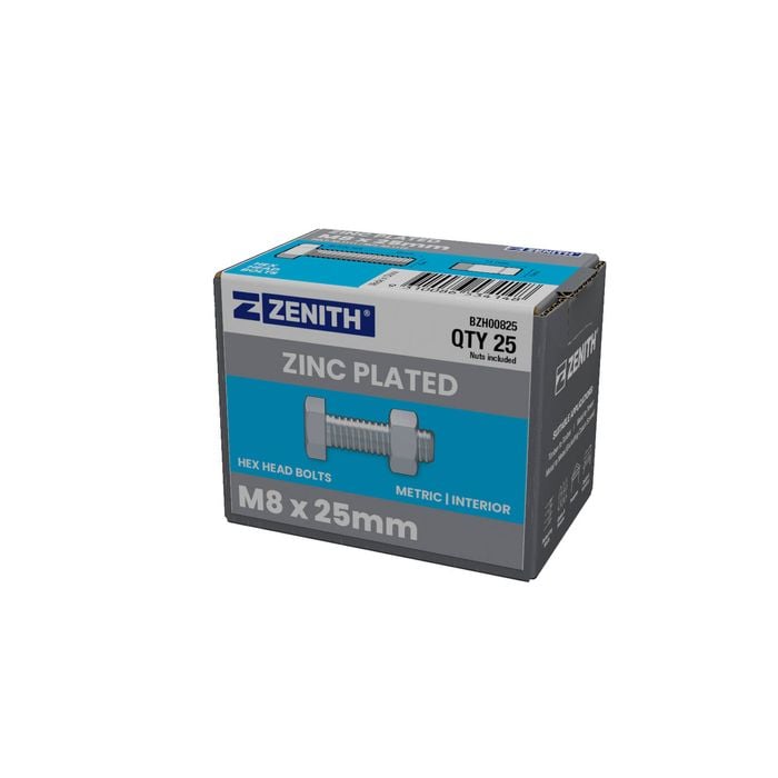 ZENITH M8 x 25mm Zinc Plated Hex Head Bolts and Nuts - 25 Pack