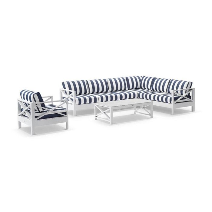 Kansas Outdoor Aluminium Corner Modular Lounge Set White With Chair & Coffee Table Navy Stripe Cushions