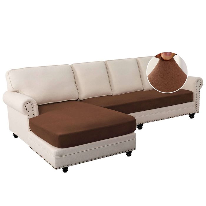 Smarcute 2 Piece Velvet Cushion Seat Covers for L Shape Sectional Sofa Couch Lounge Chocolate (3 Seater + 1 Chaise)