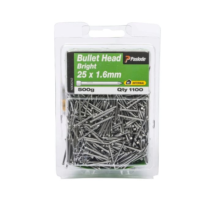 Paslode 25 x 1.6mm 500g Bright Steel Bullet Head Nails - 1100 Pack