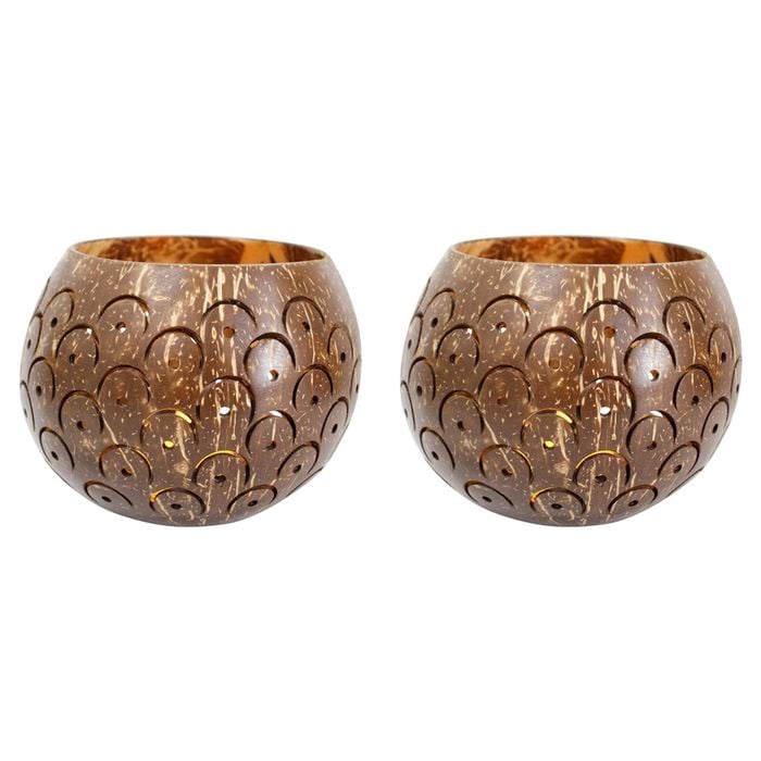 2PK LVD Coconut 13cm Lantern Shell Tea Light Candle Holder - Brown