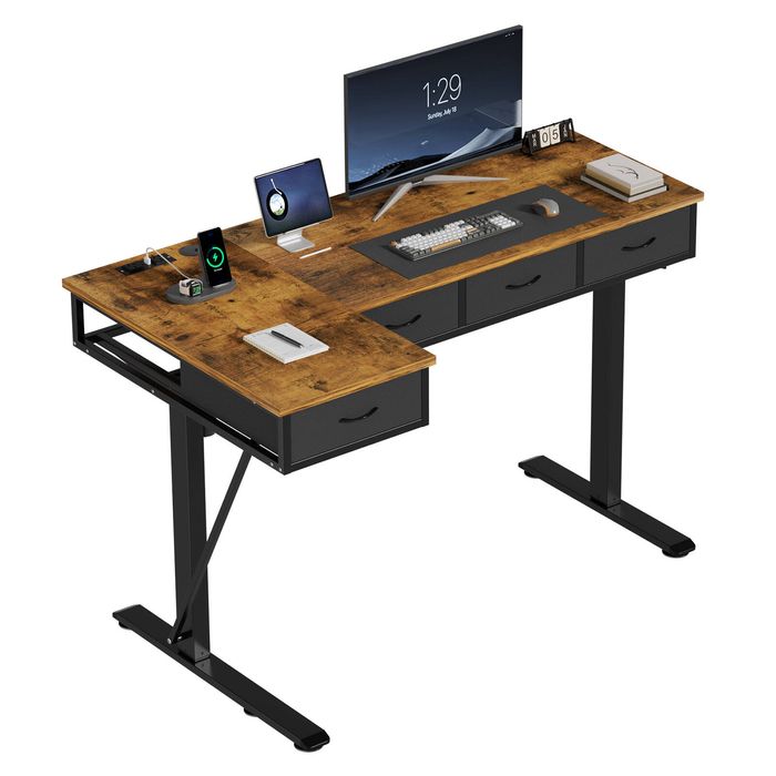 Advwin L Shaped Electric Standing Desk Drawers & Charging Station Rustic Brown