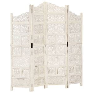 vidaXL Solid Mango Wood Hand carved 4-Panel Room Divider White 160cm Screen