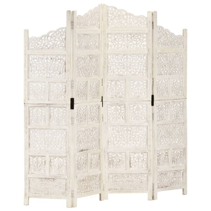 vidaXL Solid Mango Wood Hand carved 4-Panel Room Divider White 160cm Screen